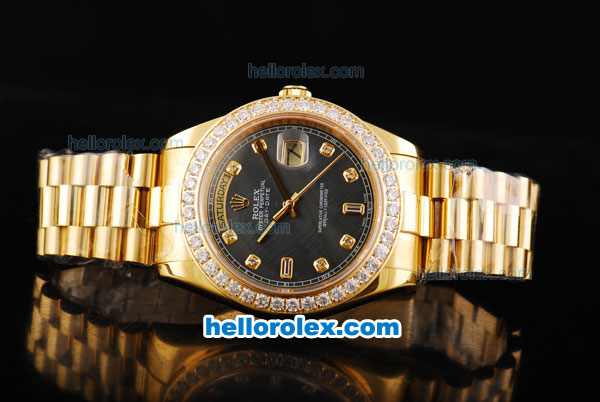 Rolex Day Date II Automatic Movement Full Gold with Diamond Bezel-Black MOP Dial and Diamond Markers - Click Image to Close